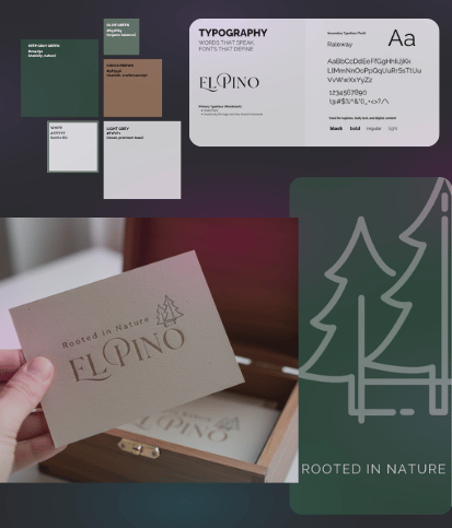 El Pino brand identity with colors, typography, and packaging